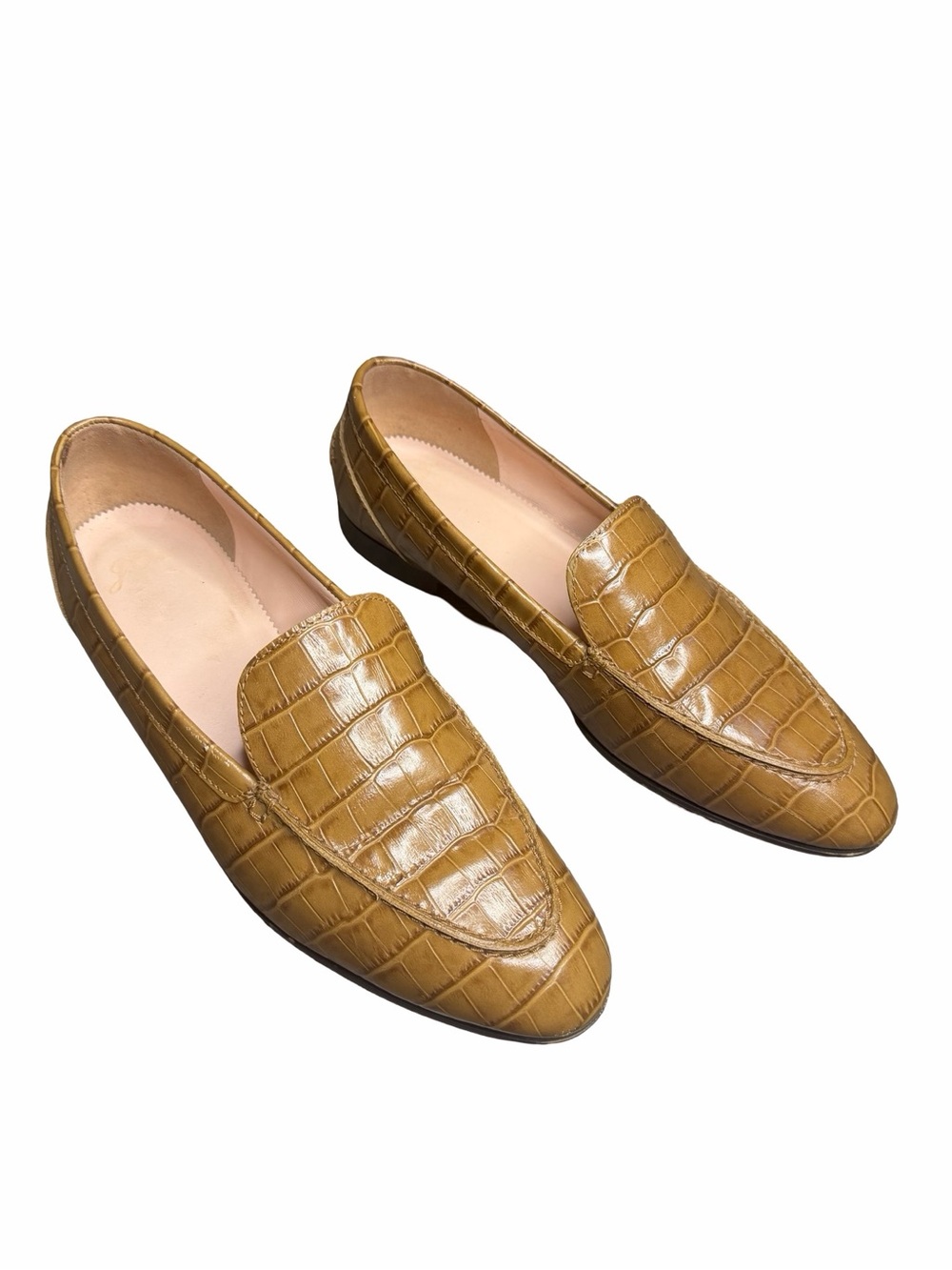 J Crew Tan Croc-Embossed Leather Loafers Womenโs Size 9 Preppy Old Money Luxury